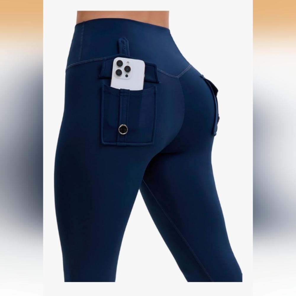 Scrunch Butt Lifting Cargo Leggings Pockets High Waist Tummy Control Sz L‎ Navy